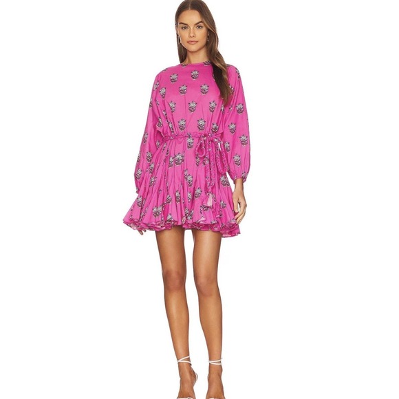 RHODE Dresses & Skirts - RHODE Ella Dress Pink Floral Block Print Braided Belt Mini Long Sleeve Cotton L